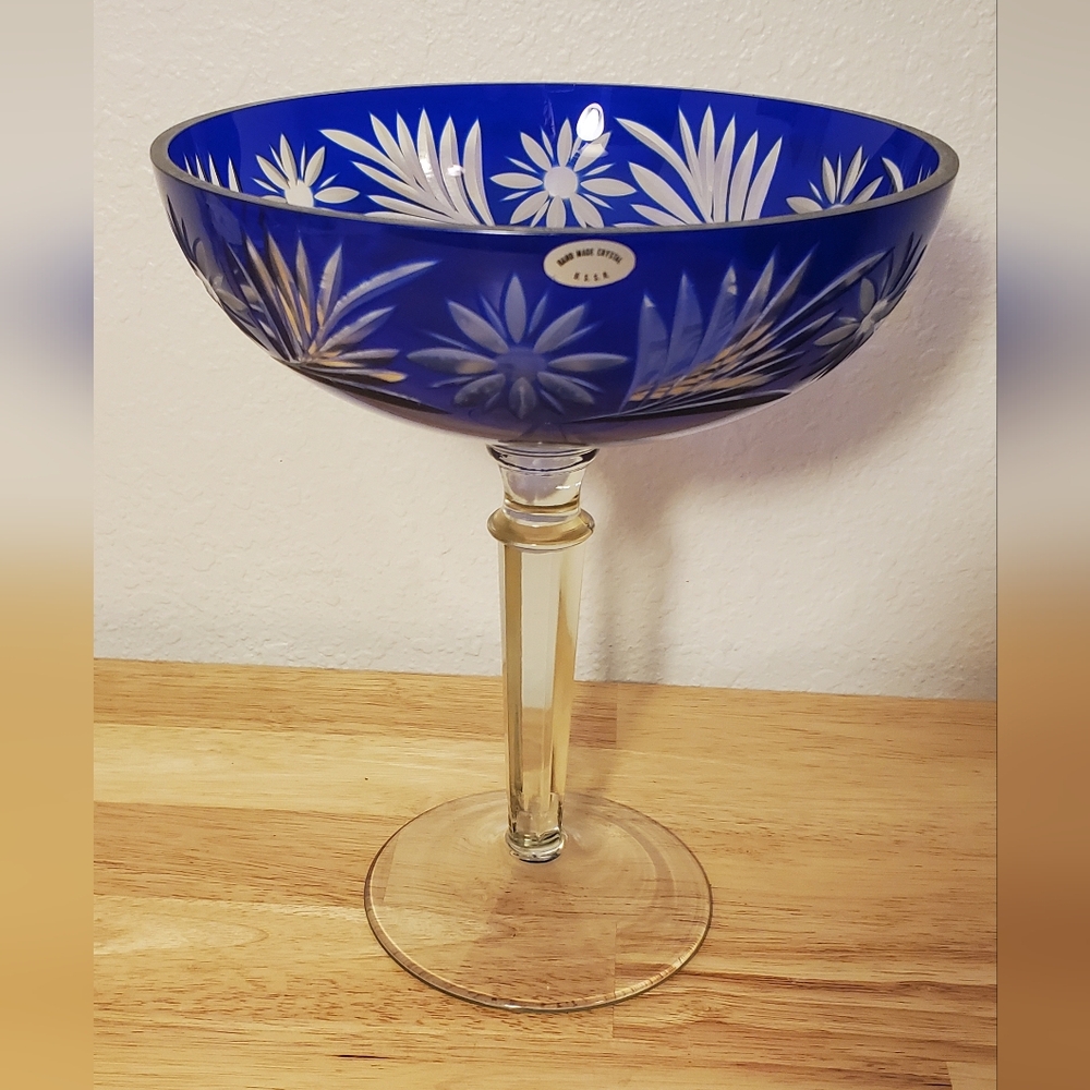 Blue Cut to Clear Crystal Glass Bohemia Czech Hand Made - Ornate USSR Floral